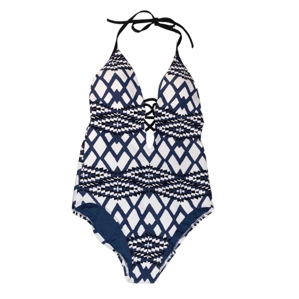 Seafolly ModernTribe Bluesteel Deep V Maillot One Piece Swimsuit Size 8